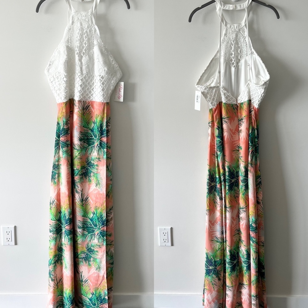 NWT Pink Lily Boutique Soieblu Maxi LongDress Tropical Crochet Vacation H7